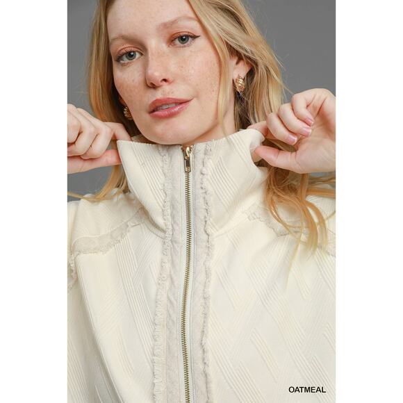 Umgee Two-Way Zip-Up Long Sleeves Front Pockets Loose Jacquard Jacket | Oatmeal - Picture 5 of 6